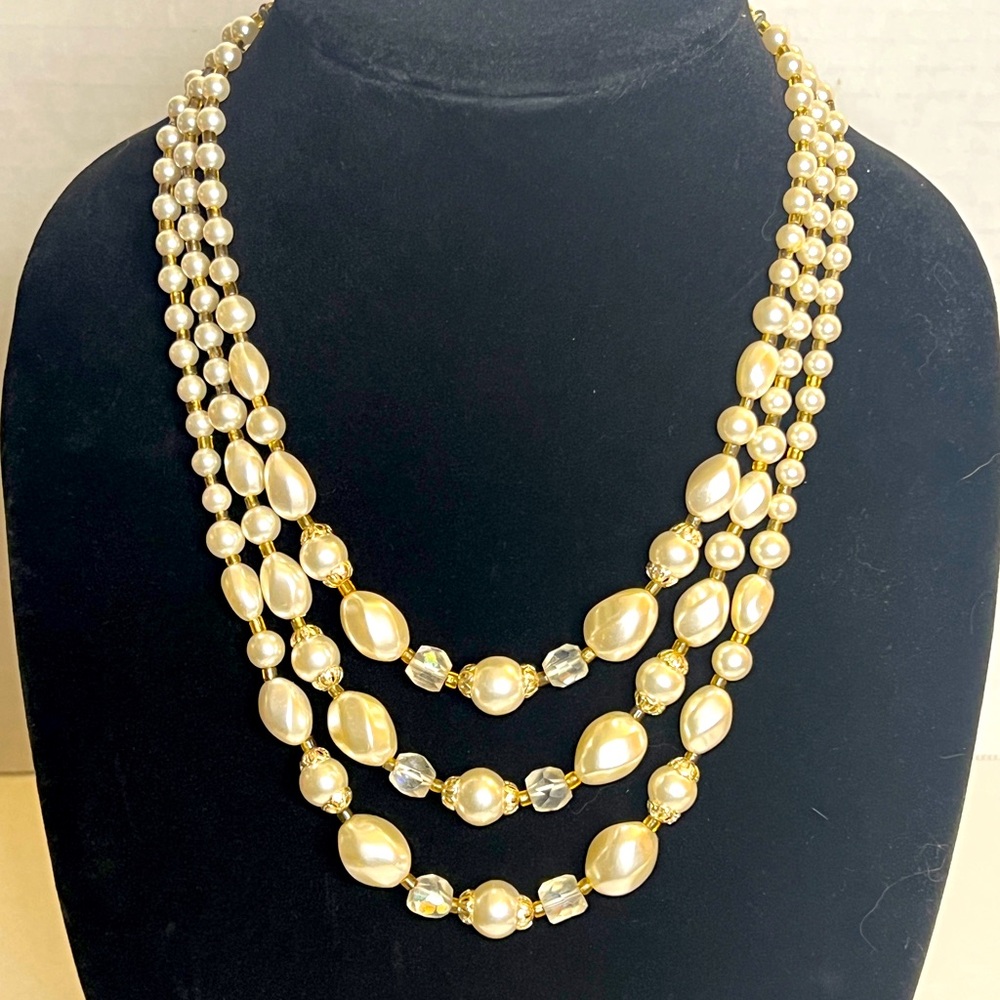 Gorgeous Vintage 1950's 3 Strand Simulated Pearl Beaded Necklace Japan